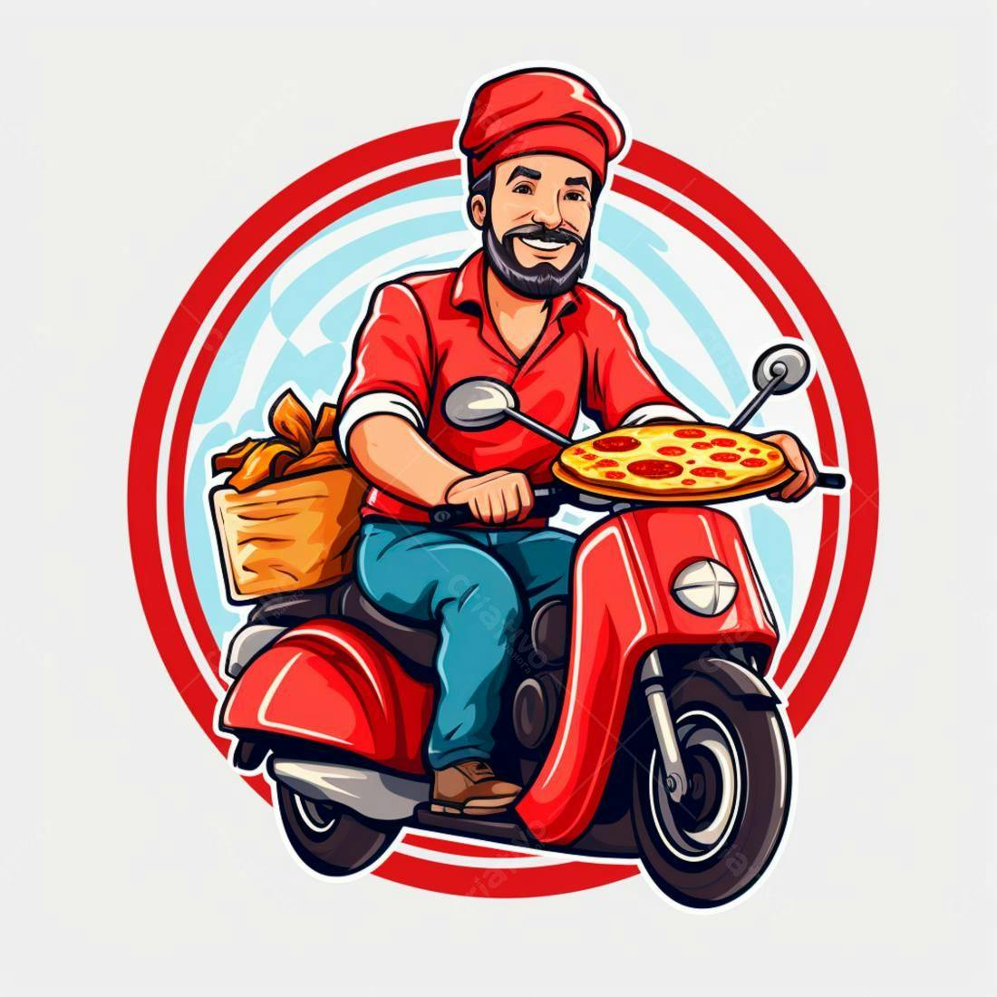 Pizzaiolo entregando pizza em scooter vermelha