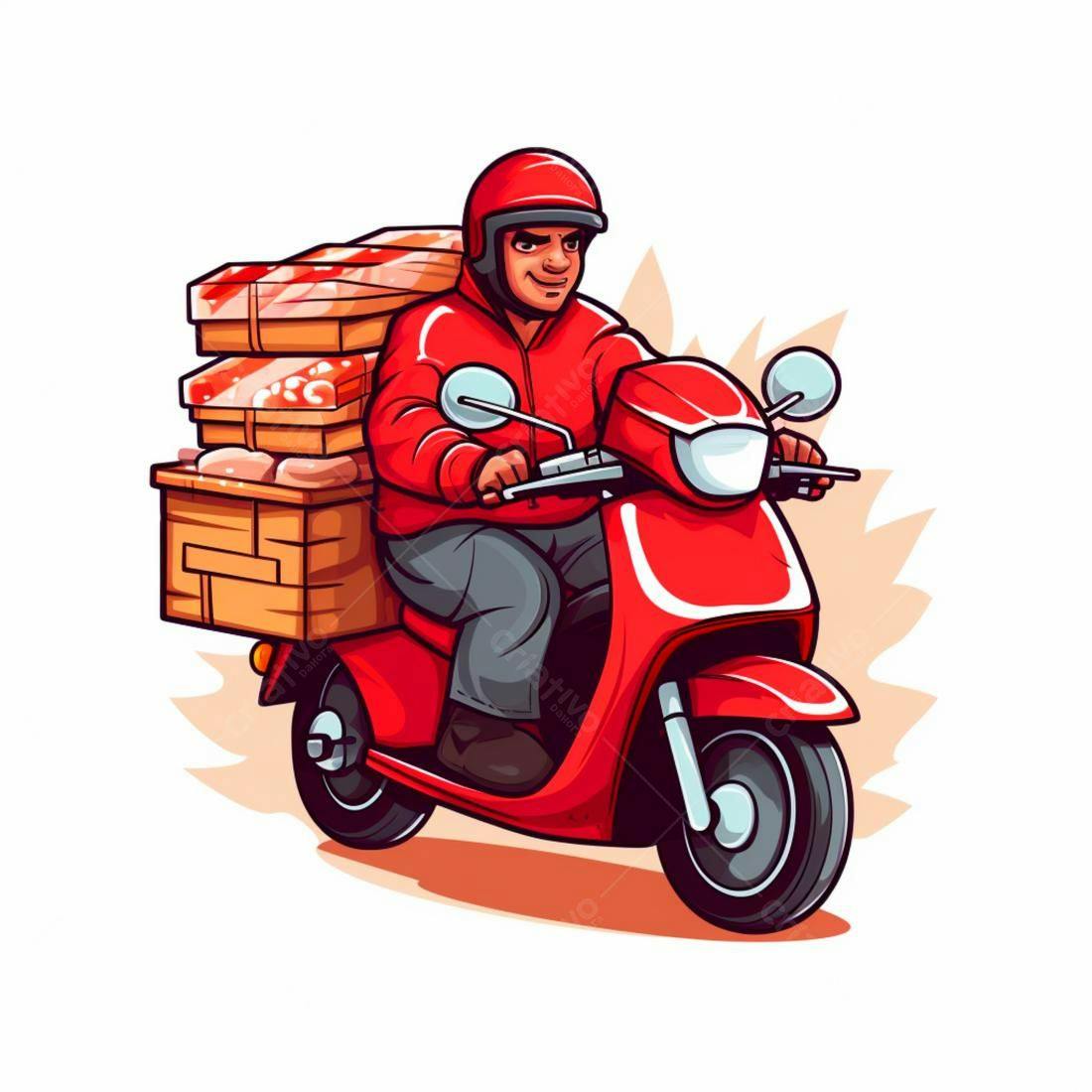 Entregador em moto vermelha com encomendas