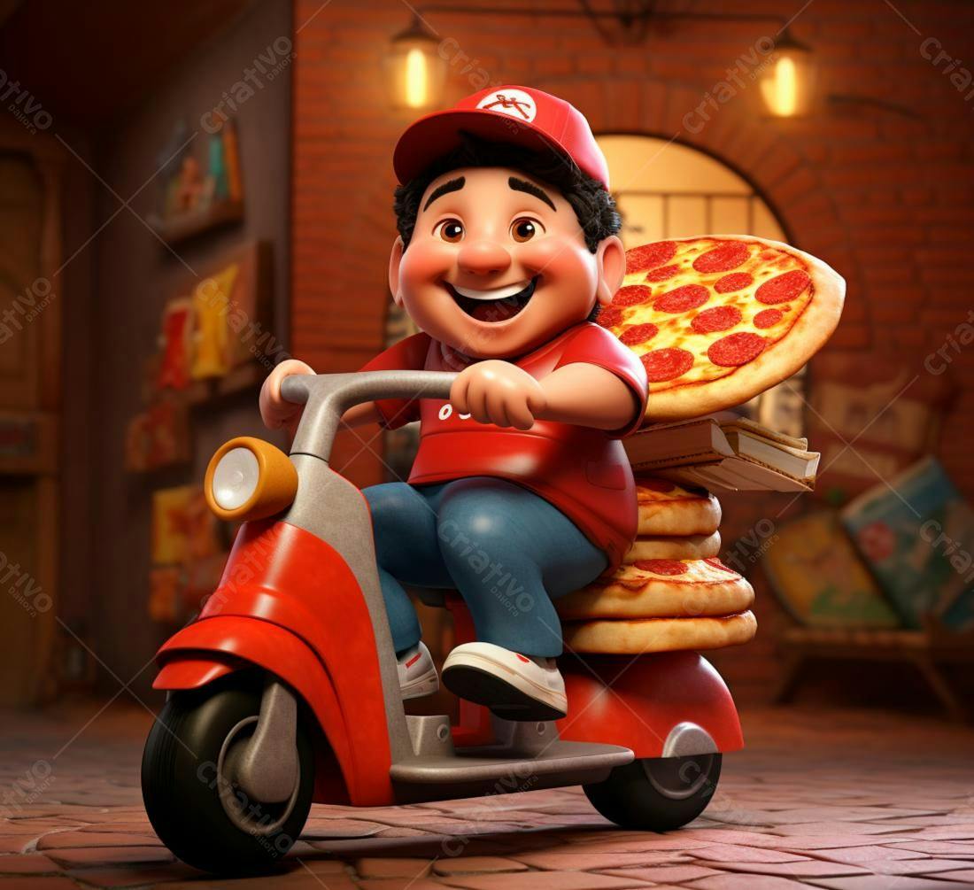 Entregador de pizza alegre em scooter vermelha