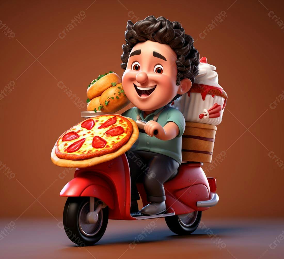 Entregador feliz em scooter com pizza