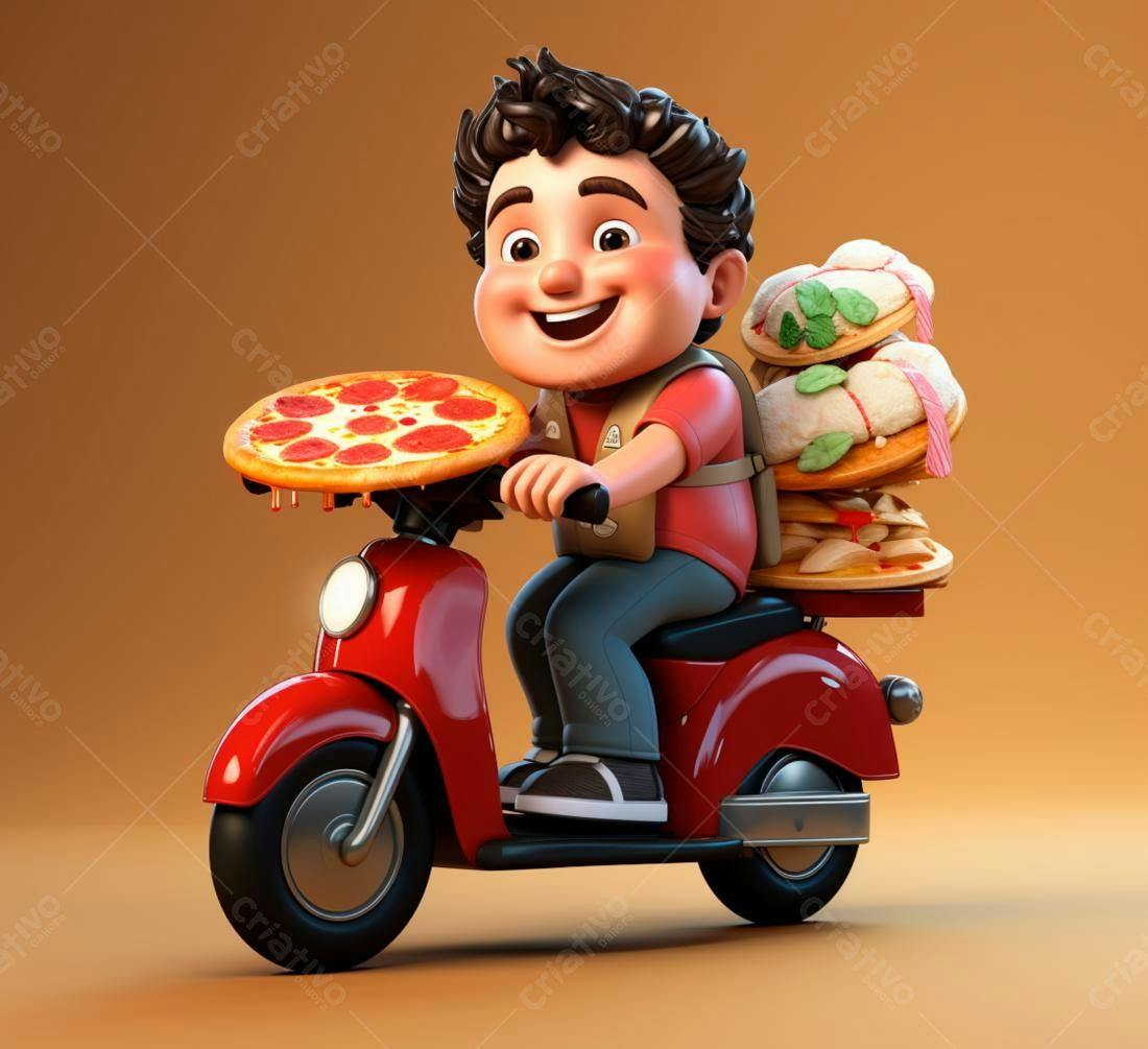 Entregador mirim em scooter vermelha com pizzas