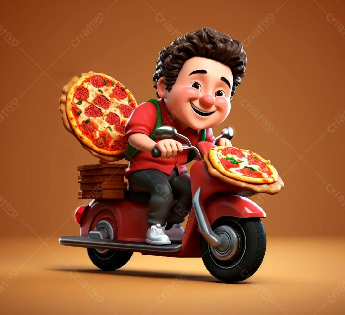Entregador de pizza alegre em scooter vermelha