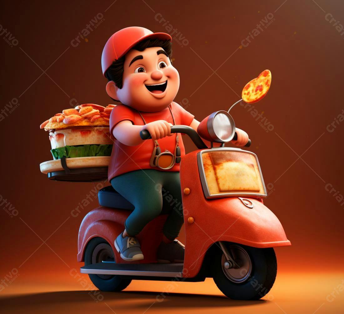 Entregador feliz em moto vermelha com pizza e lanche