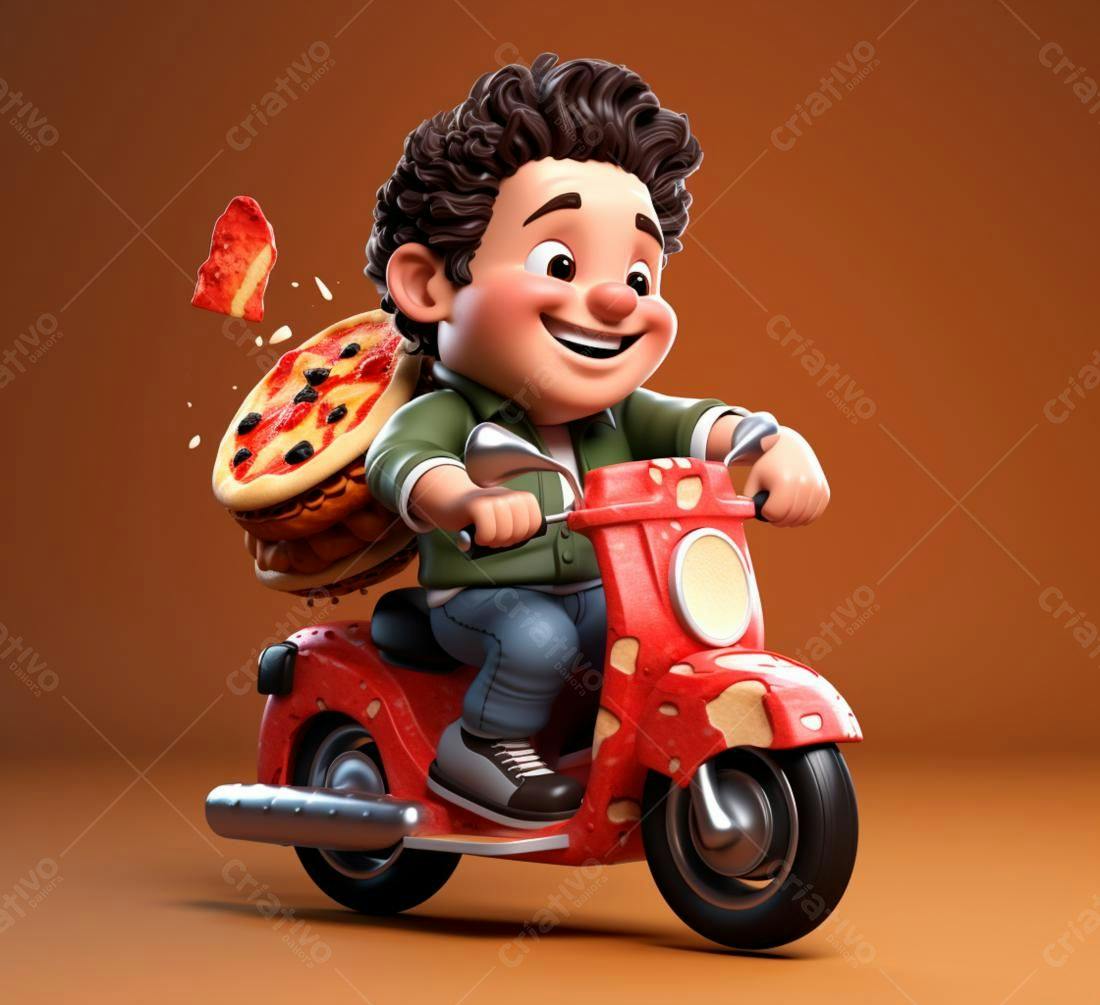 Entregador de pizza alegre em scooter
