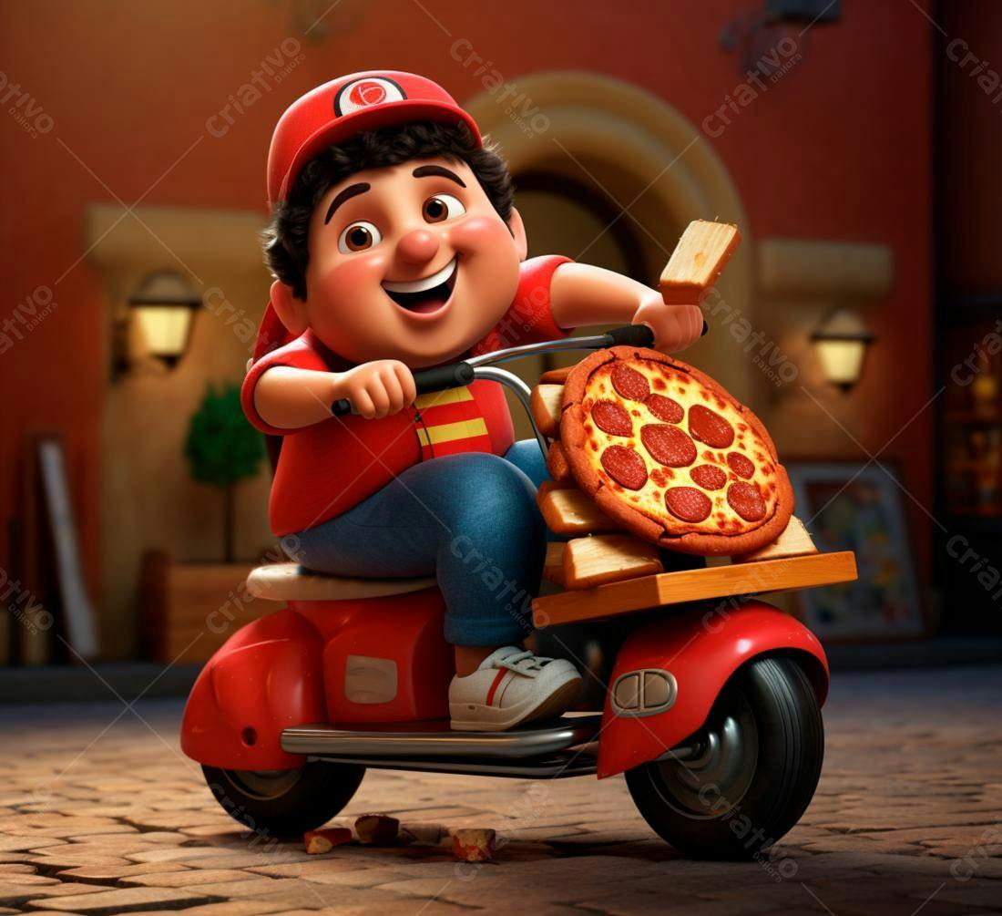 Entregador de pizza animado em scooter vermelha
