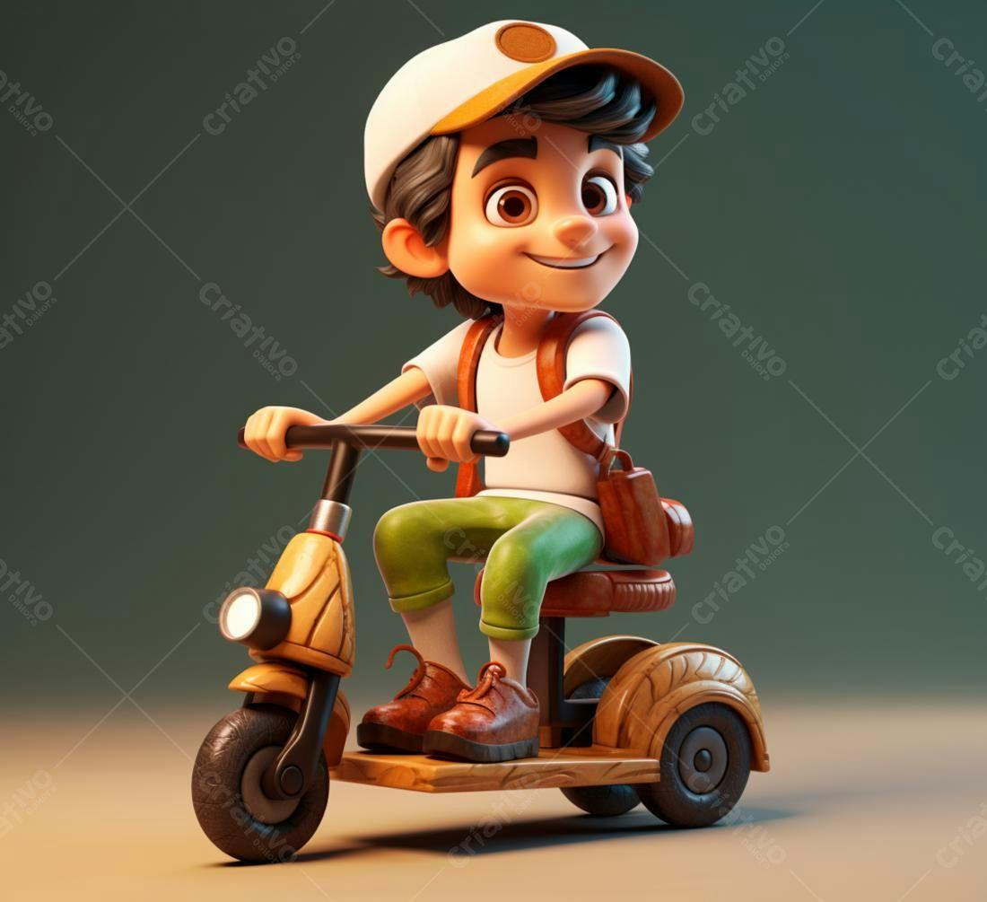 Menino feliz em scooter de madeira