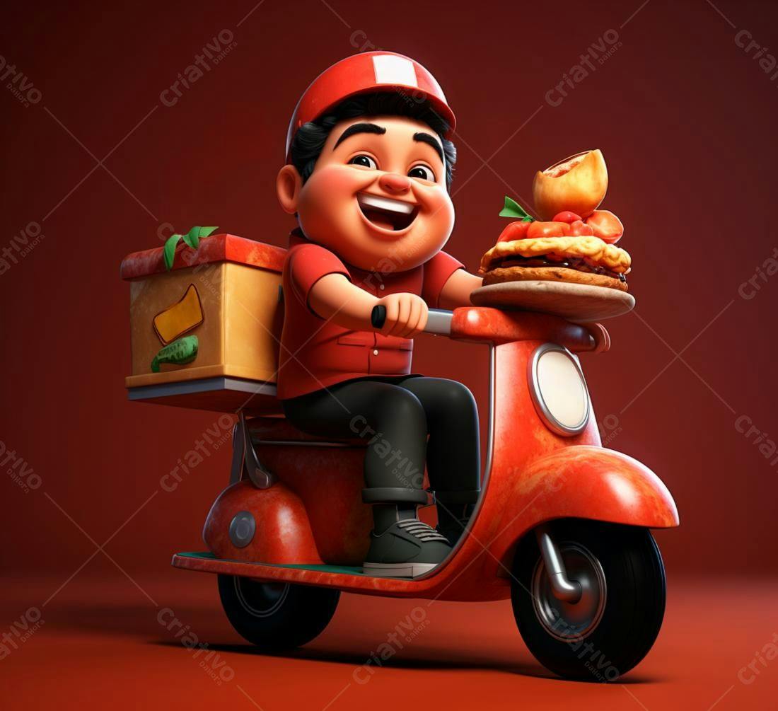 Entregador alegre em scooter vermelha entregando comida