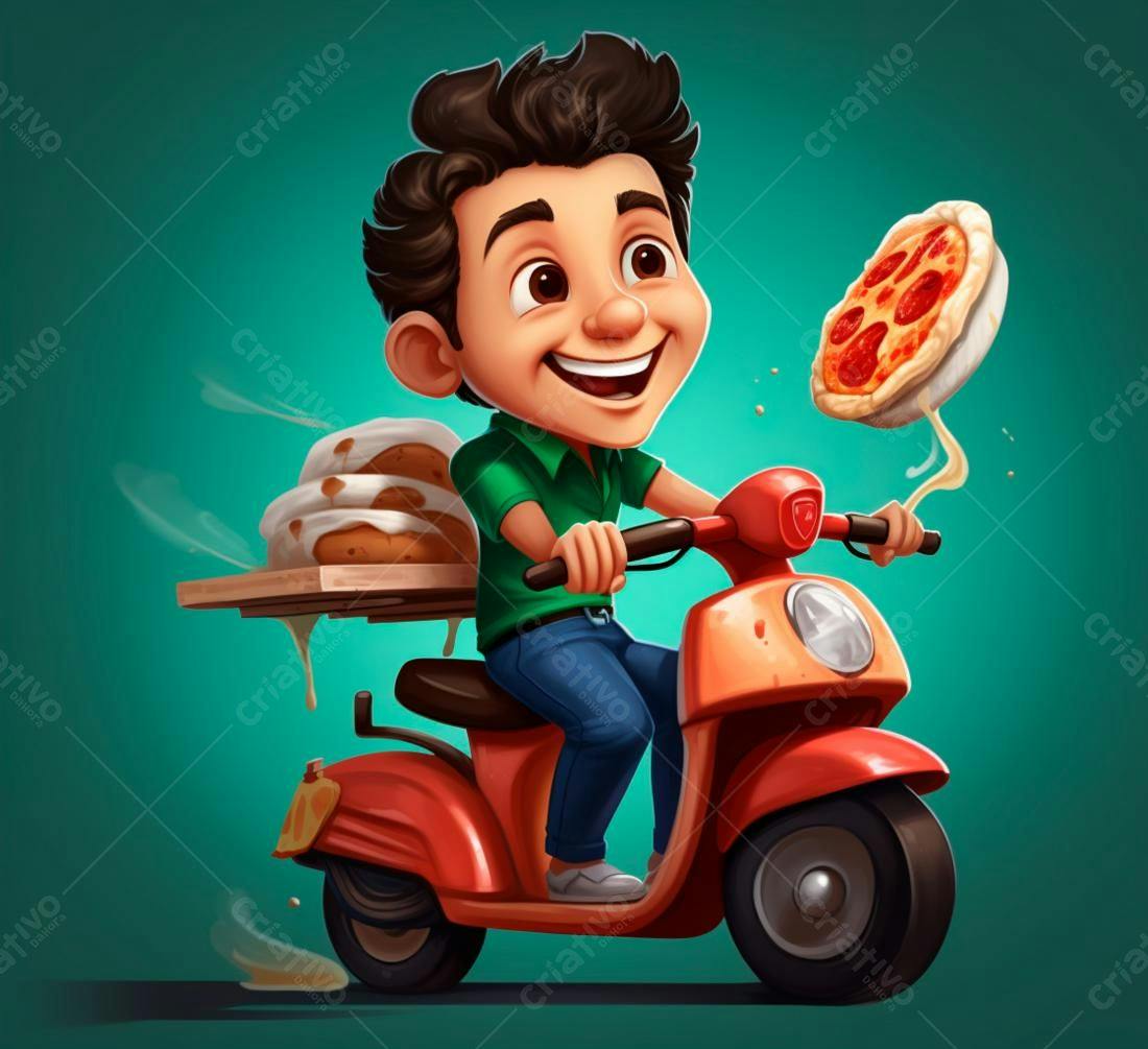 Entregador feliz em scooter com pizza e bolo
