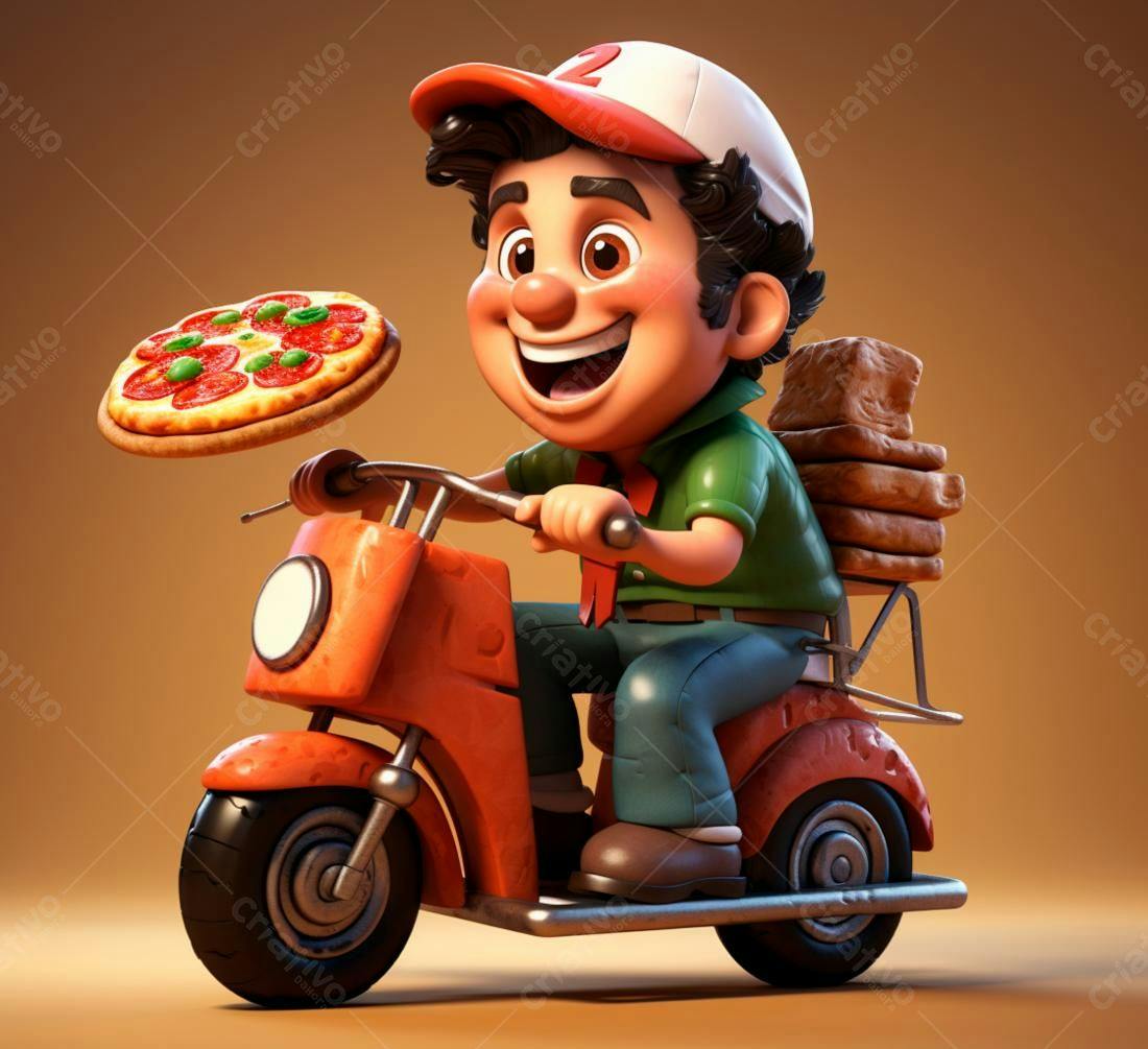 Entregador de pizza alegre em moto