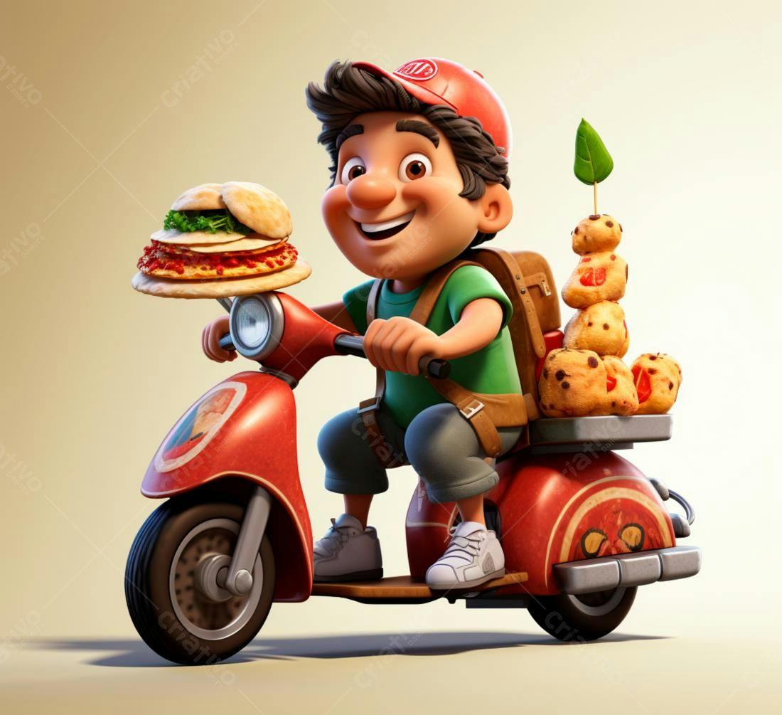 Entregador animado em scooter vermelha com pizza e bolinhos