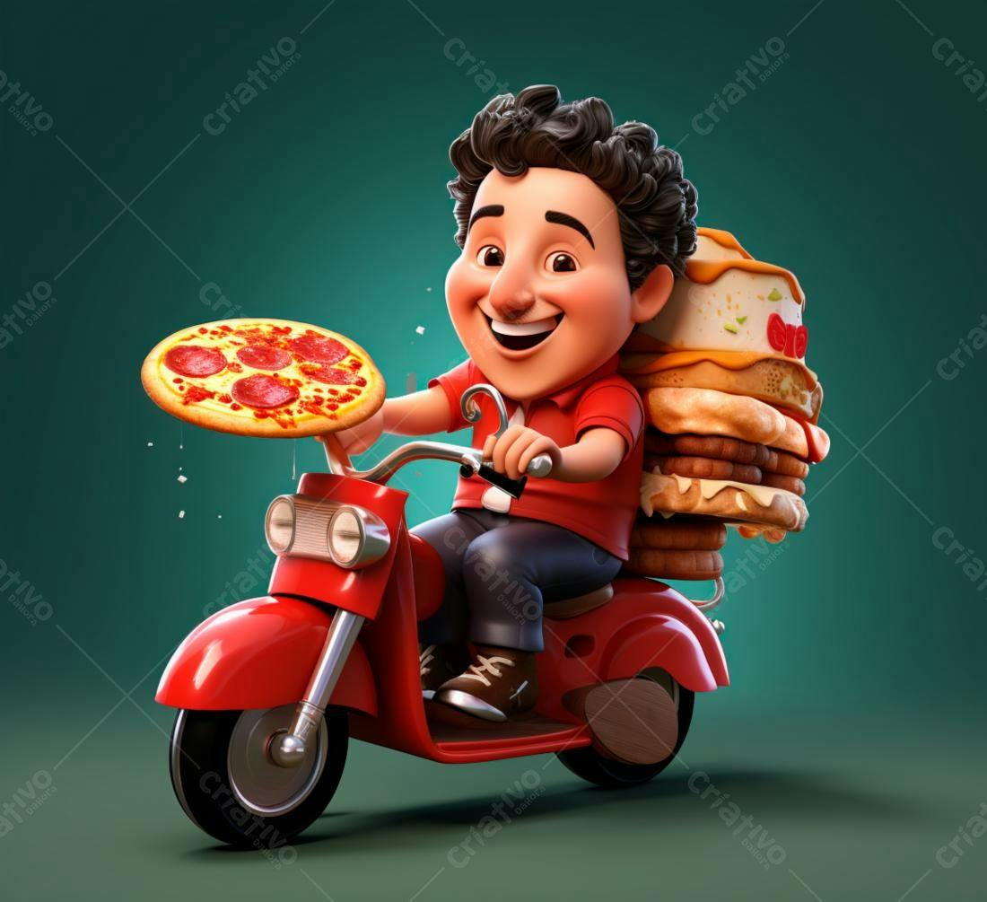 Entregador alegre em moto vermelha com pizza e lanches