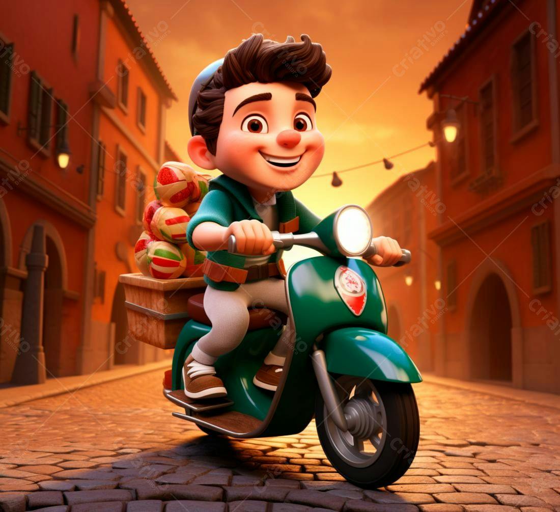 Menino feliz em scooter entregando doces italianos