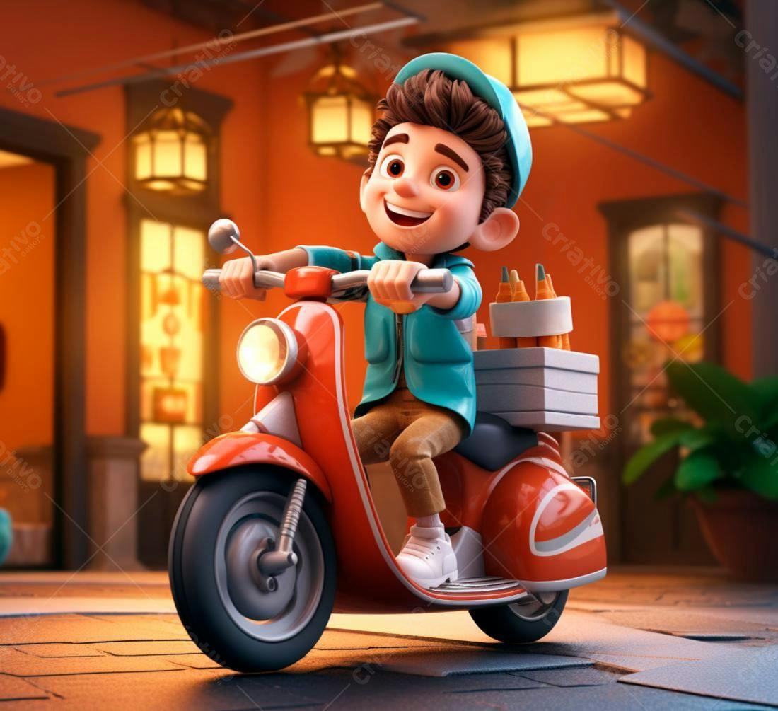 Menino feliz em scooter vermelha entregando lápis