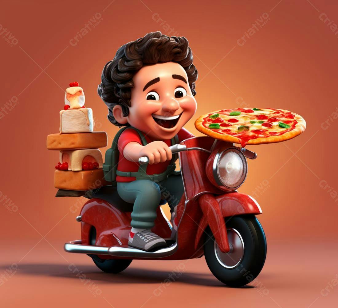 Entregador de pizza alegre em scooter vermelha