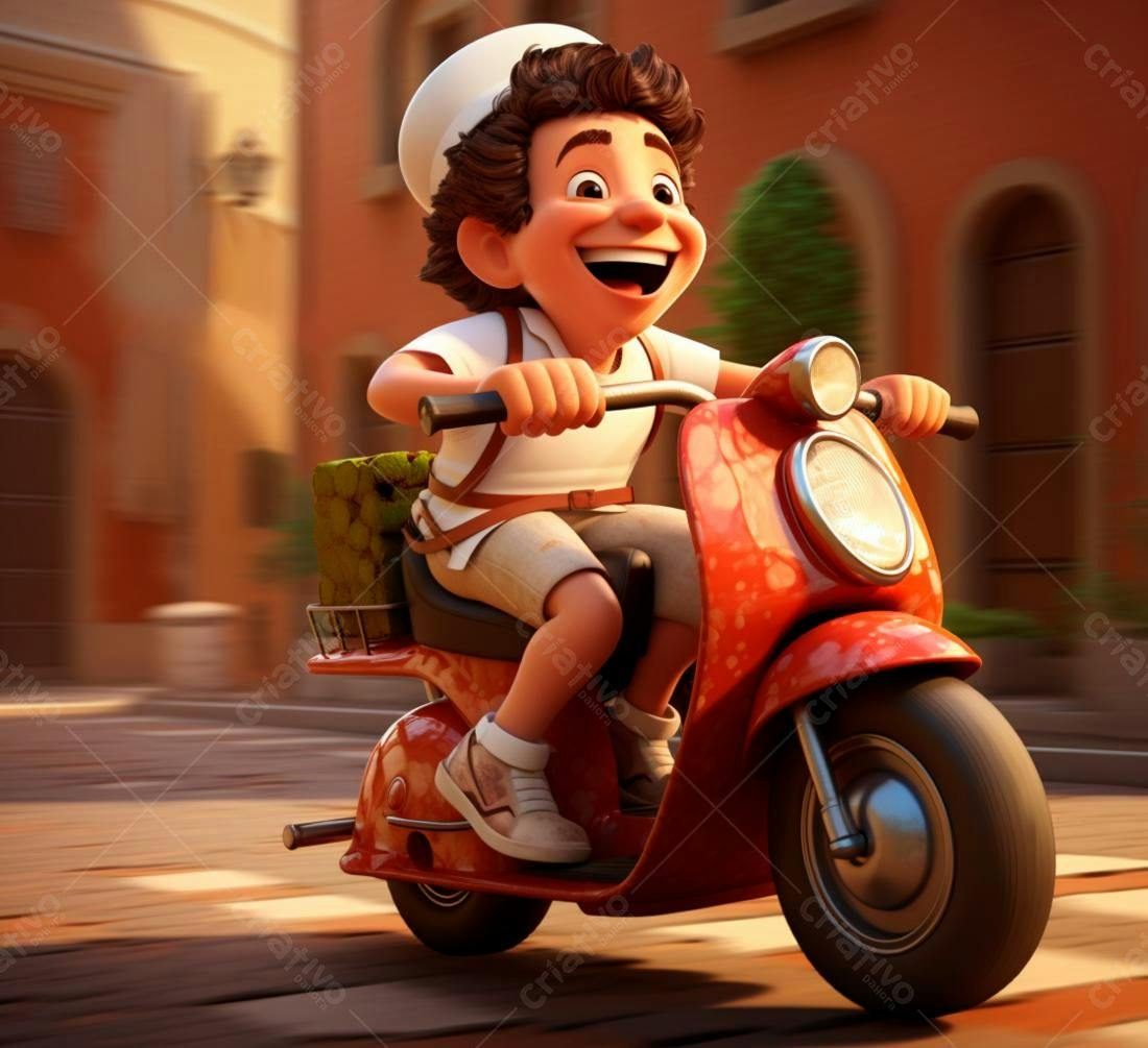 Menino feliz em scooter vermelha pelas ruas italianas