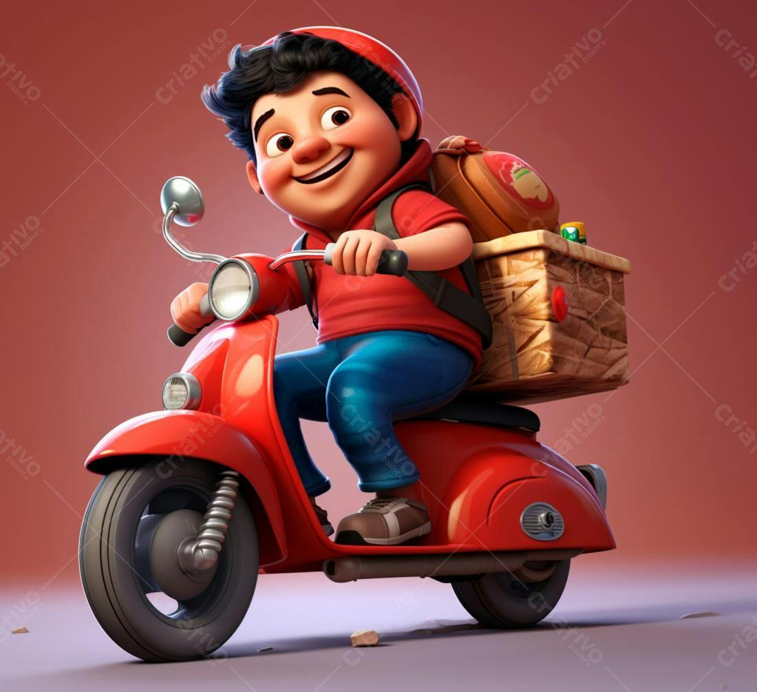 Entregador feliz em scooter vermelha