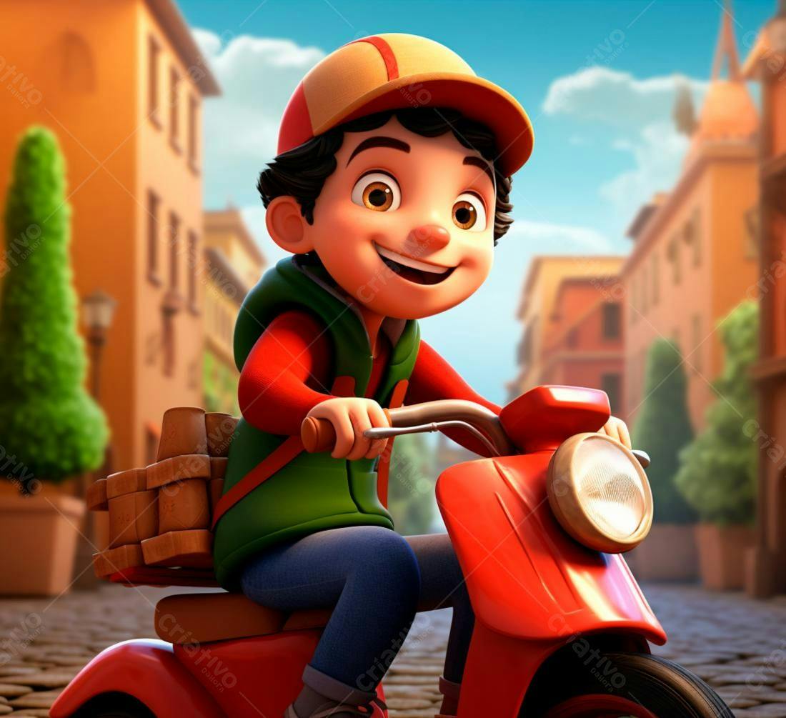 Menino feliz entregando em scooter vermelha