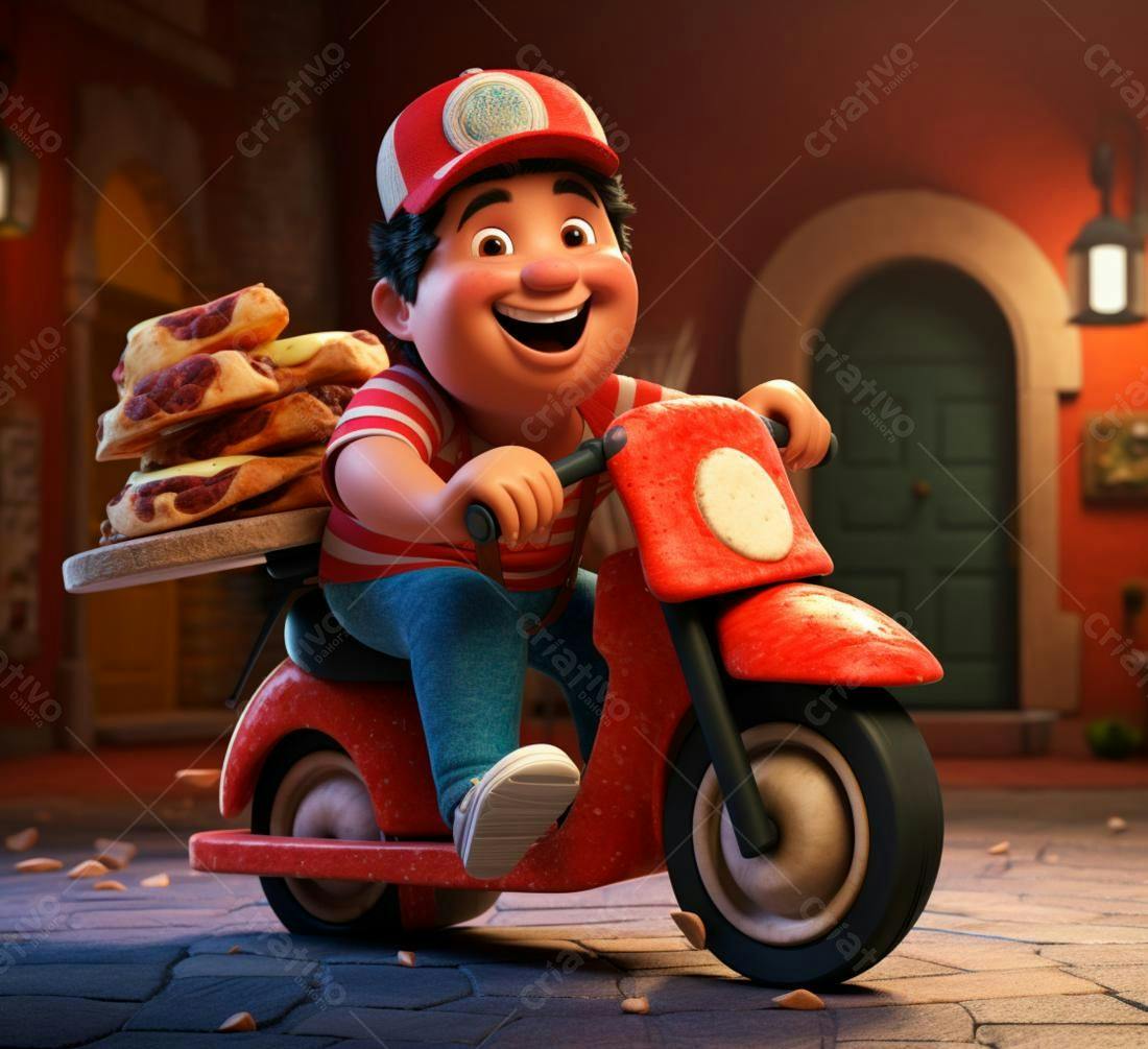 Entregador animado em moto vermelha com pizzas
