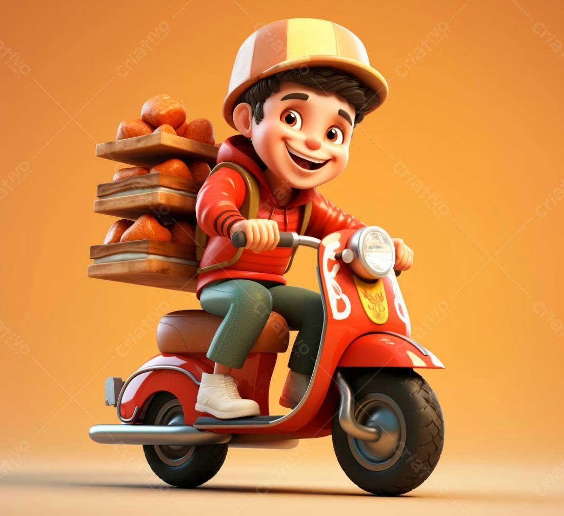 Menino entregador em scooter vermelha com pães