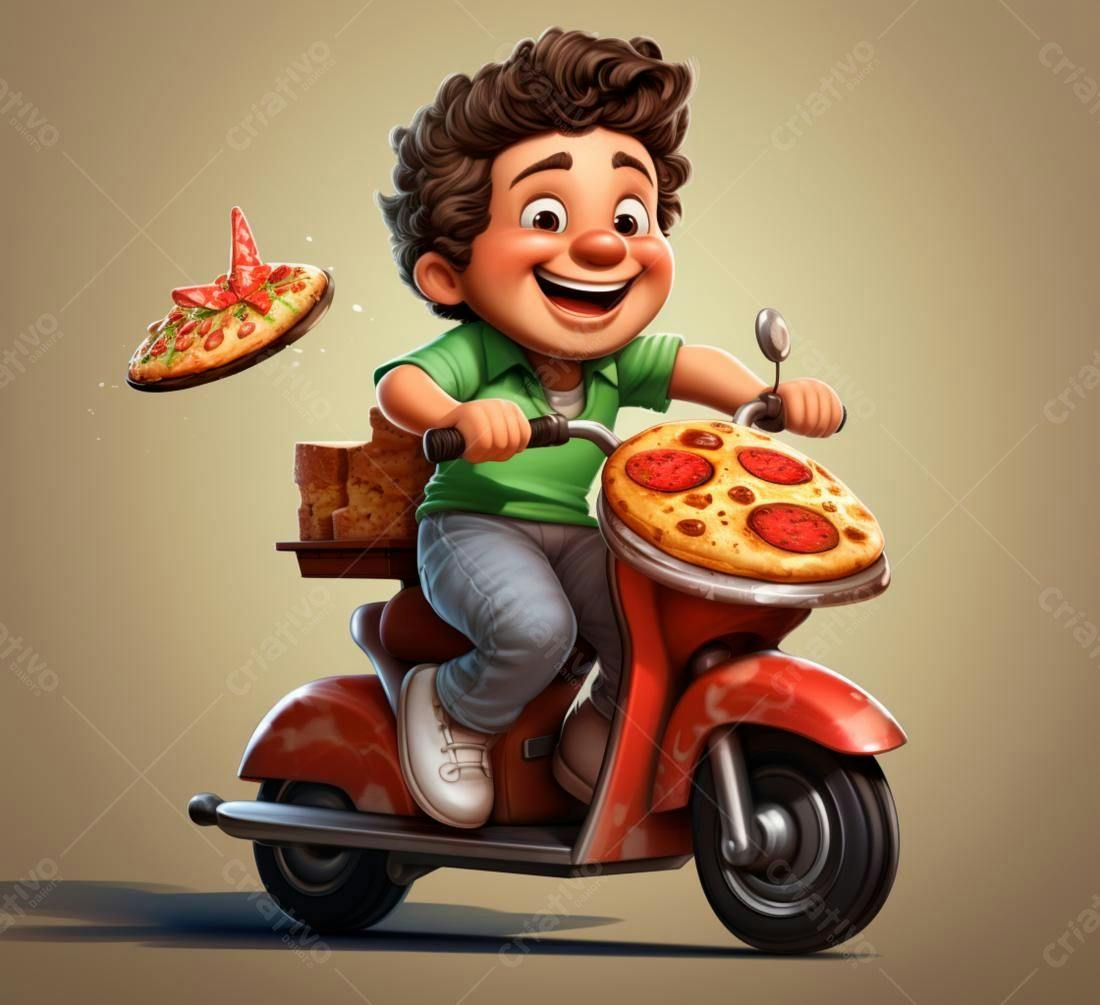 Entregador de pizza alegre em scooter