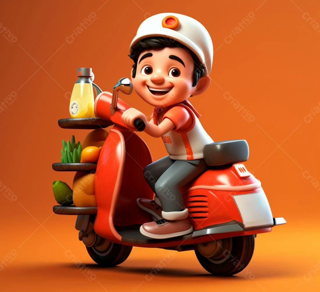 Entregador alegre em scooter vermelha com frutas