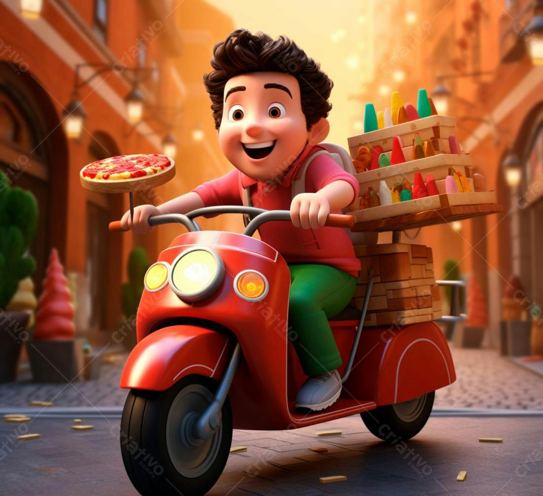 Menino entregador de pizza em scooter vermelha