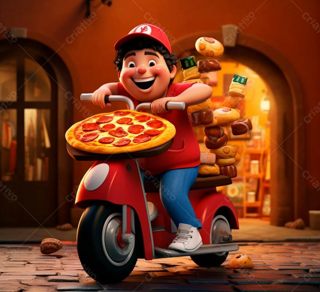 Entregador de pizza alegre em scooter vermelha