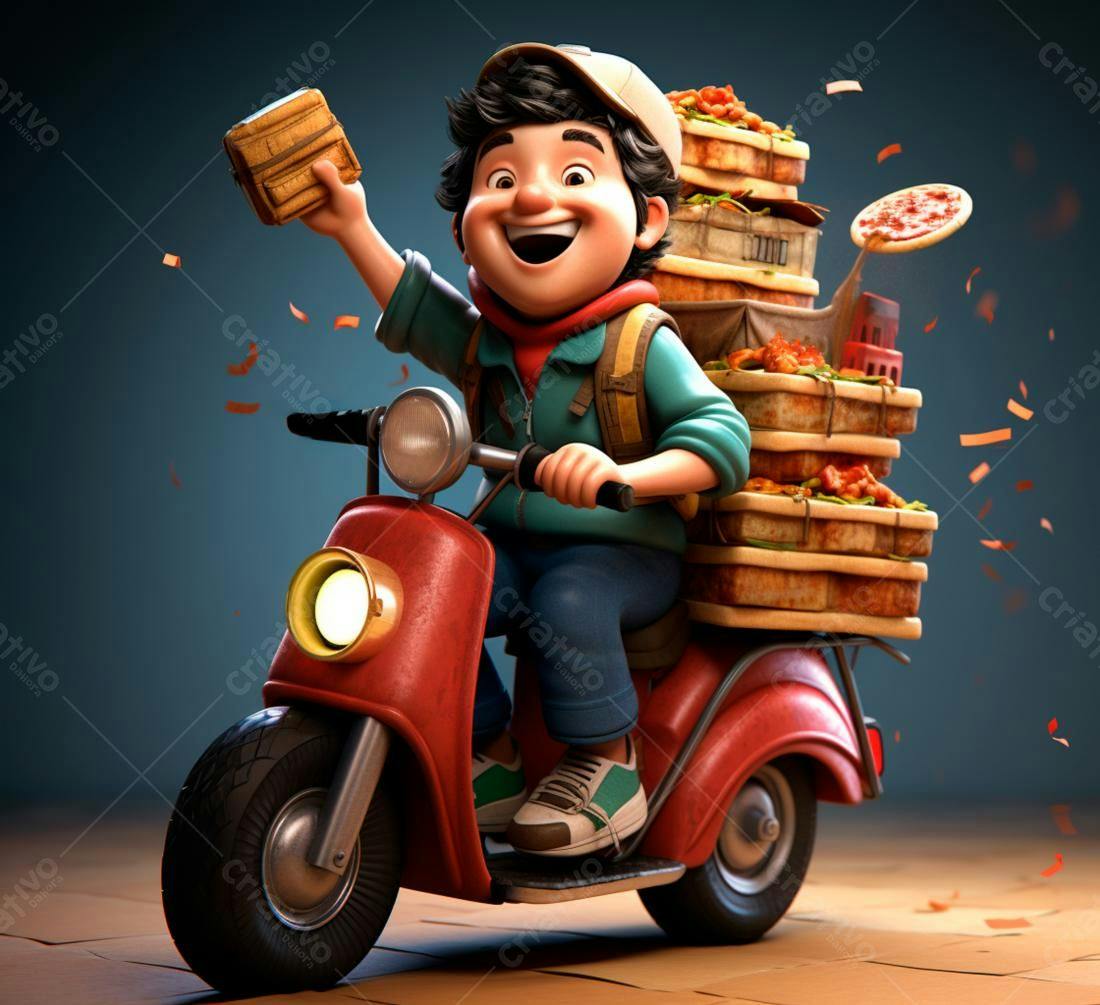Entregador de pizza feliz em scooter vermelha