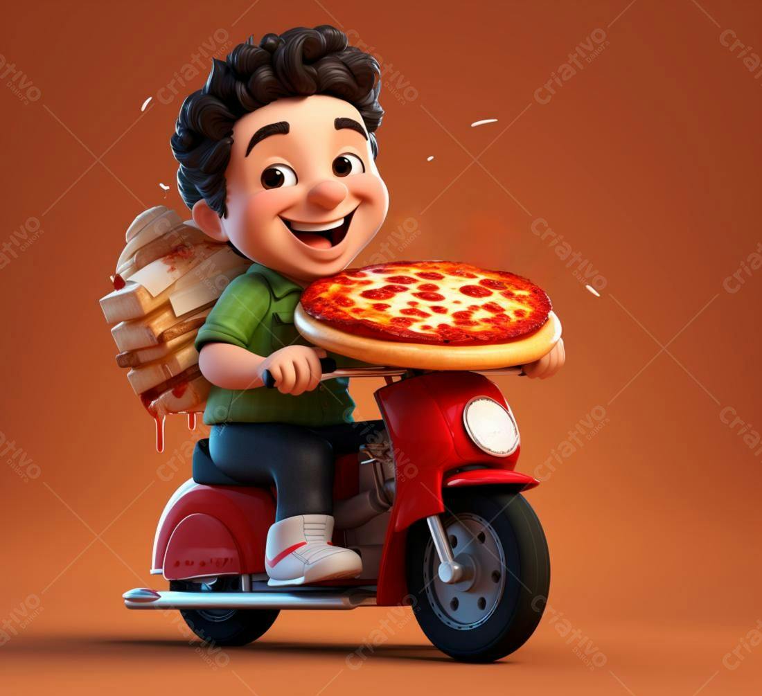 Entregador de pizza alegre em moto vermelha