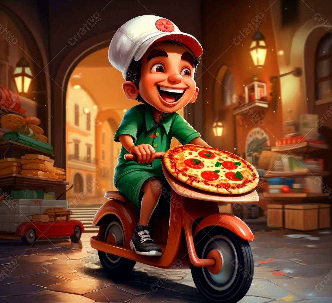 Entregador de pizza alegre em scooter