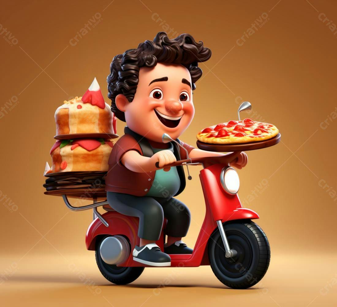 Entregador alegre em scooter com pizza e bolo