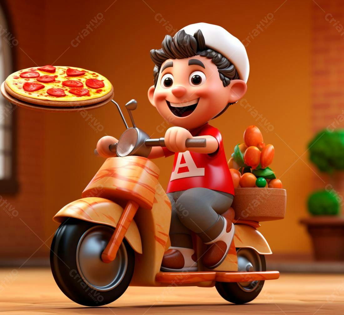Entregador alegre em moto entregando pizza