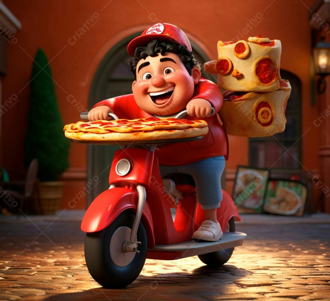 Entregador de pizza feliz em scooter vermelha