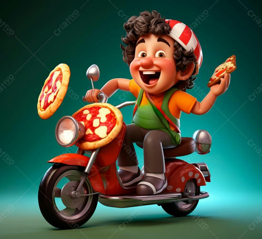 Entregador de pizza feliz em moto