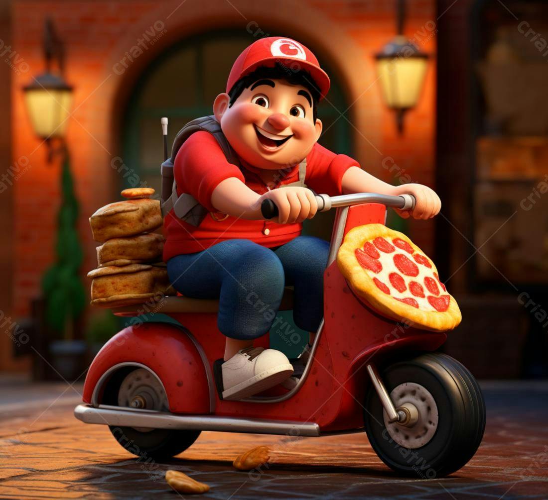 Entregador alegre em scooter vermelha com pizza e panquecas