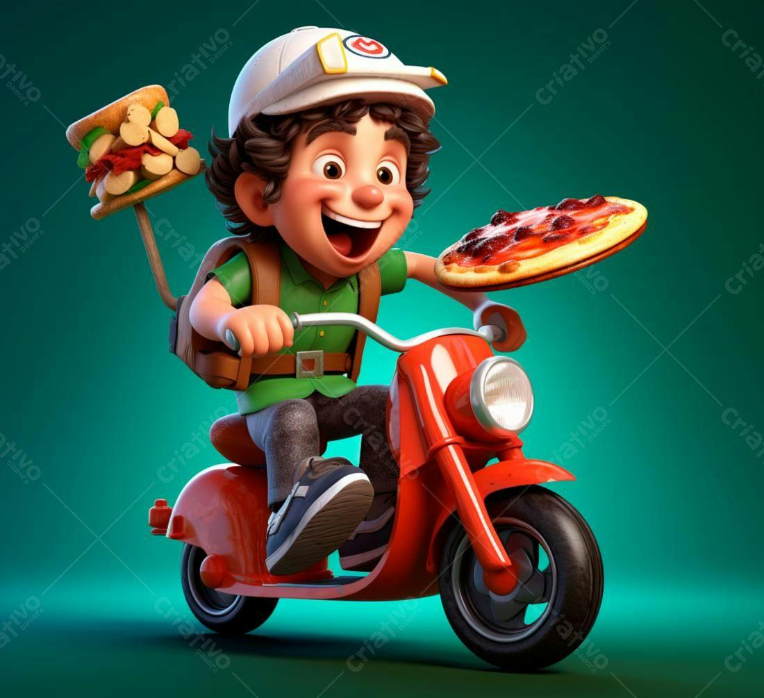 Entregador alegre em moto com pizza e sanduíche