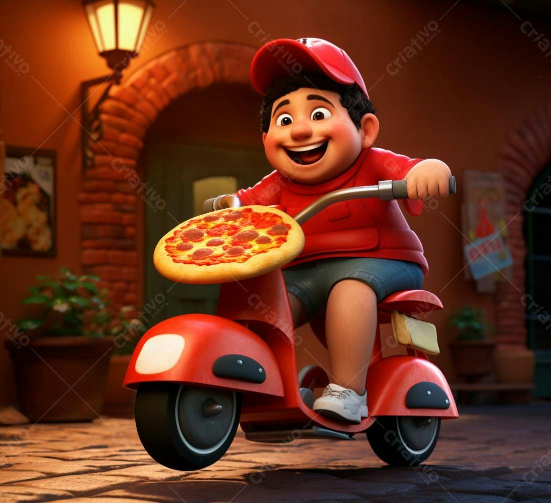Entregador de pizza alegre em scooter vermelha