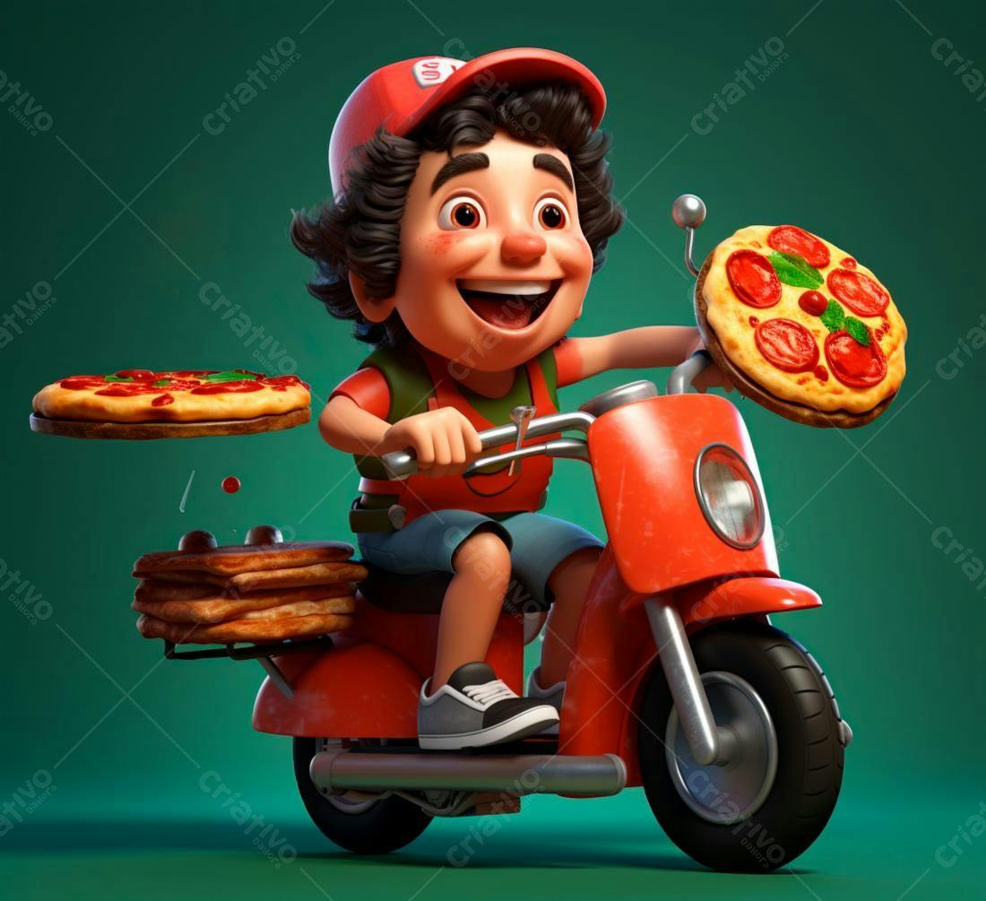 Entregador de pizza alegre em scooter vermelha