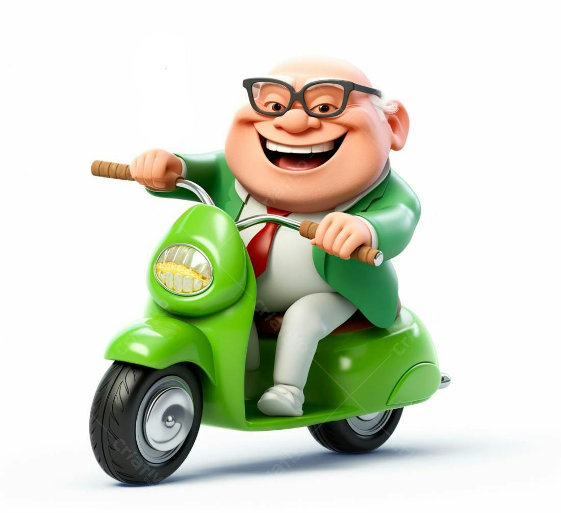 Senhor alegre em scooter verde