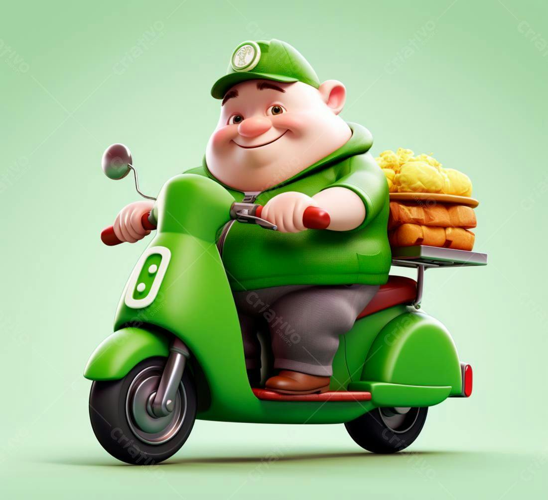 Entregador alegre em scooter verde transportando pães