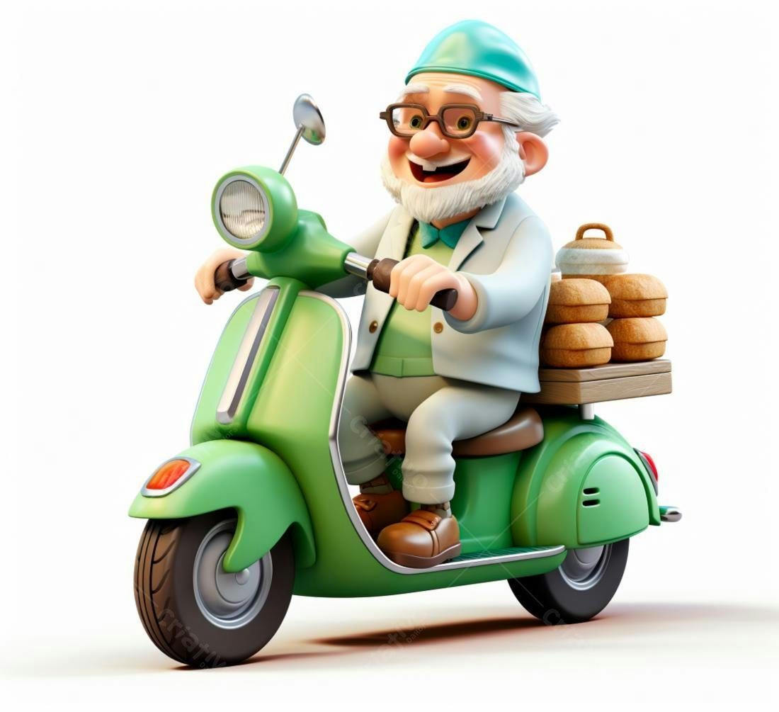 Avozinho alegre em scooter verde entregando pães