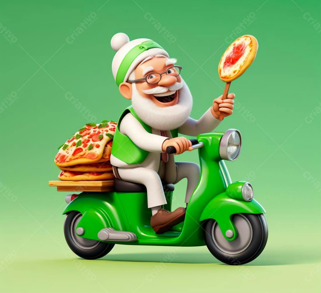 Papai Noel entregando pizza em scooter verde