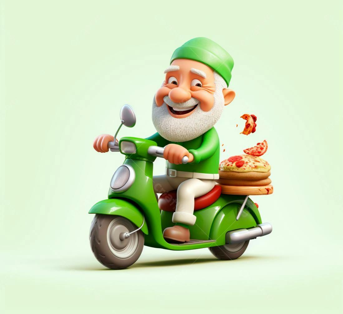 Entregador de pizza alegre em scooter verde