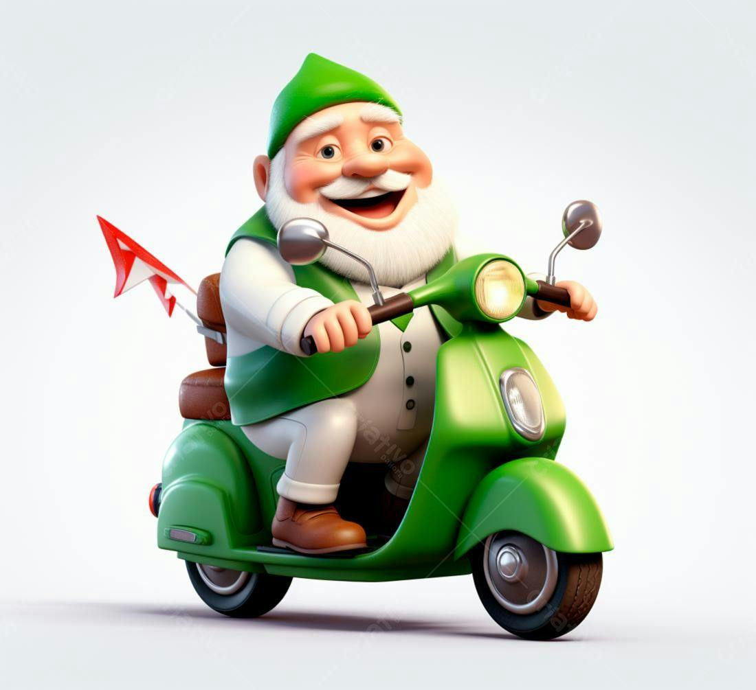 Gnomo feliz em scooter verde