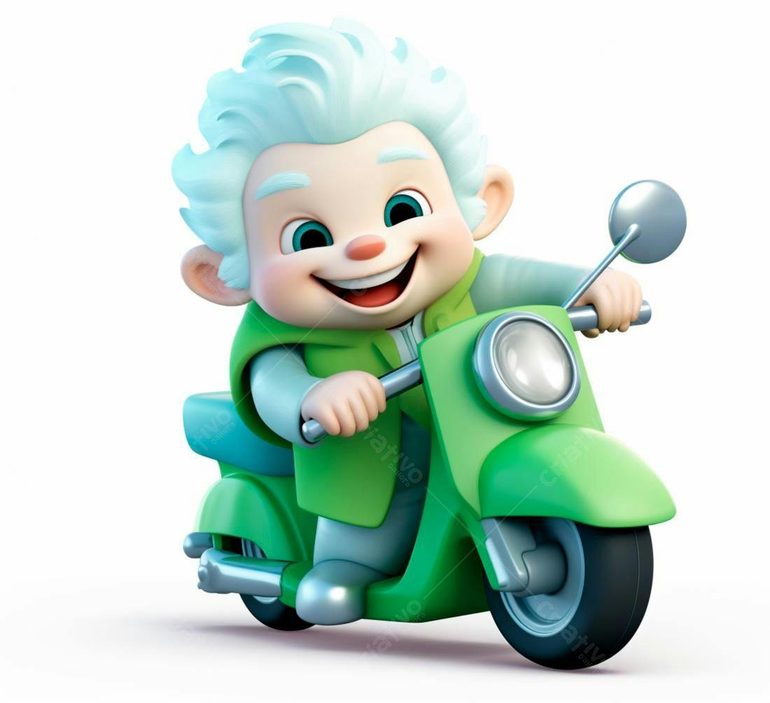 Personagem 3D alegre em scooter verde
