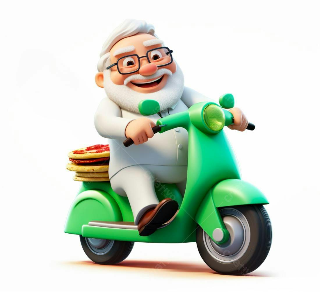 Entregador de pizza alegre em scooter verde