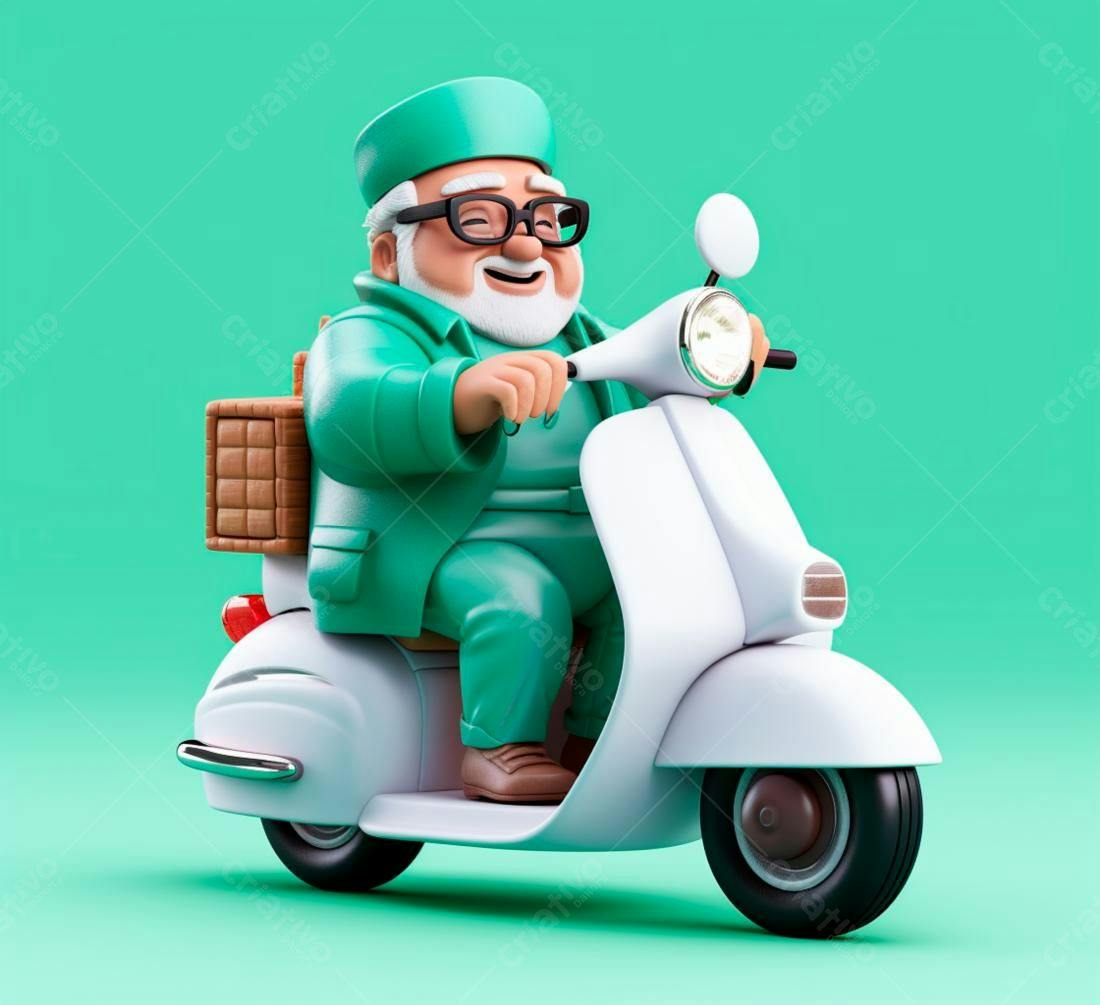 Velho alegre em scooter branca cesta