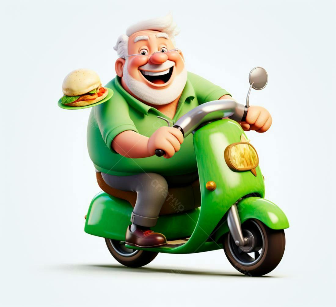 Homem alegre em scooter verde entregando hambúrguer