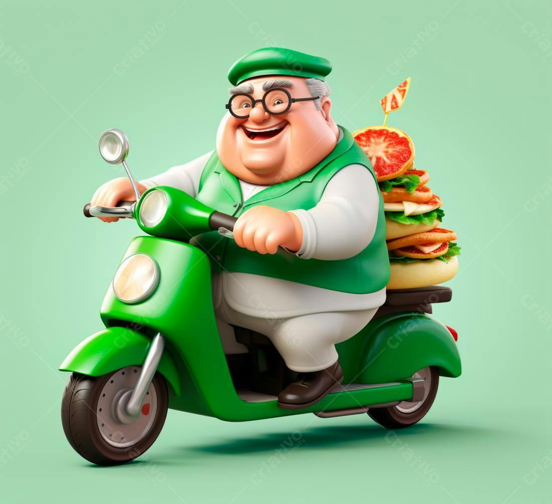 Entregador alegre em scooter verde carregando sanduíches