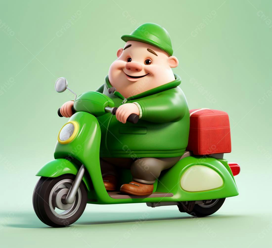 Porco feliz entregando encomenda de moto